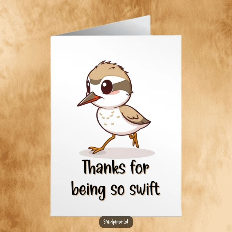 Funny Free Printable Thank You Card: An alert sandpiper stands ready to sprint, humorously expressing thanks.