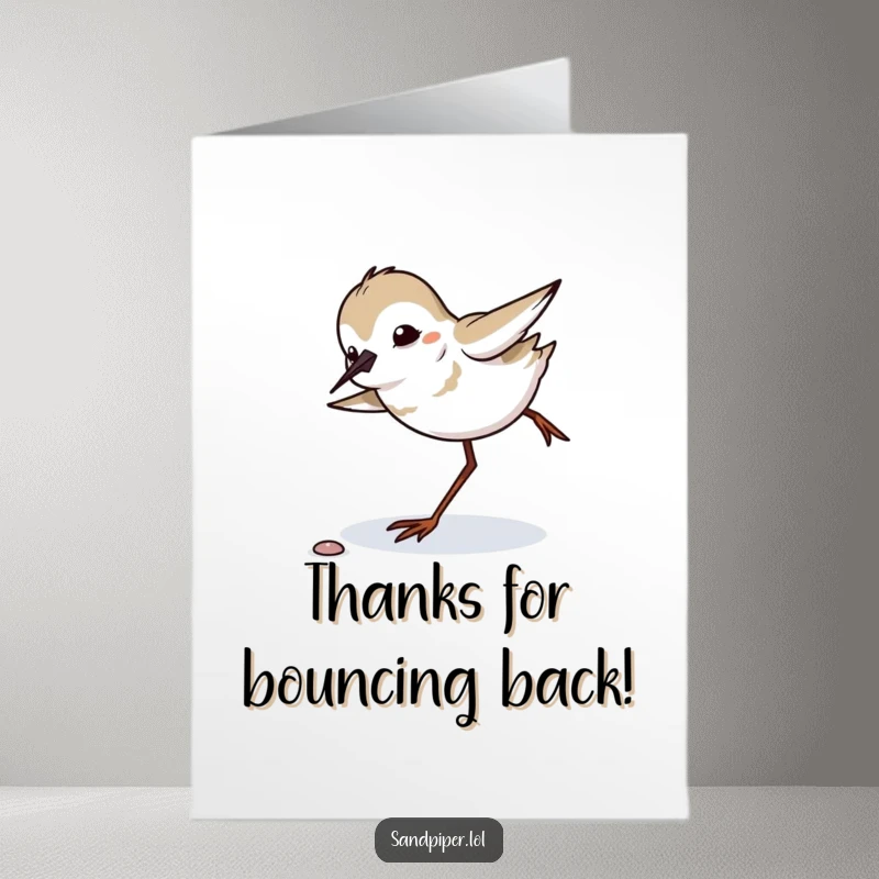 Funny Free Printable Thank You Card depicting a sandpiper comically tripping and swiftly recovering its balance, a humorous gesture of thanks.