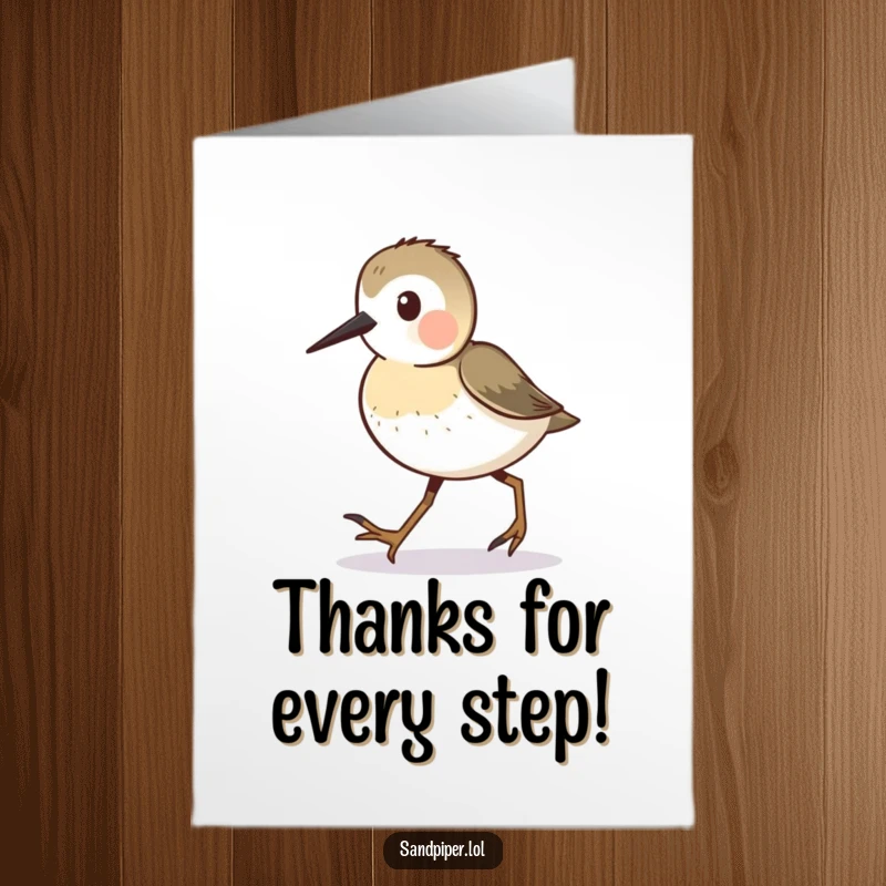 Free Printable Thank You Card: Sandpiper character busily walking with tiny steps, on a mission.