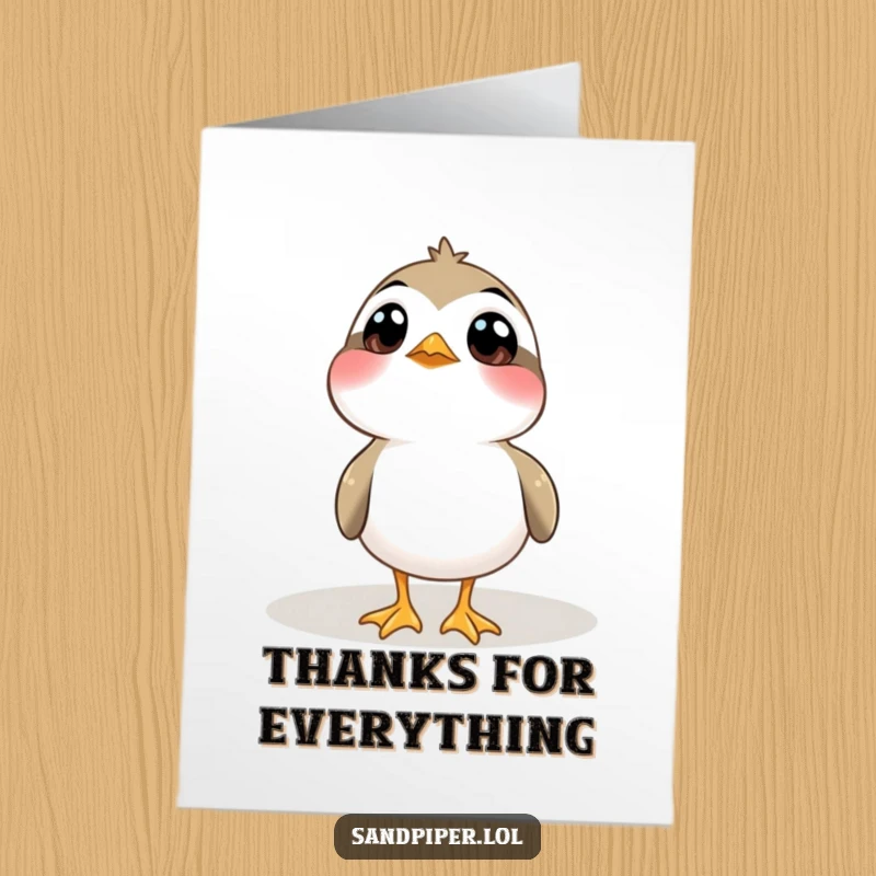 Funny Free Printable Thank You Card: A sandpiper gazes upwards with wide, curious eyes, a symbol of thoughtful thanks.