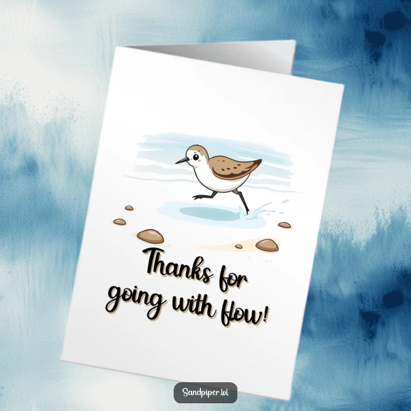 Funny Free Printable thank you card of a sandpiper playfully chasing the retreating tide, representing a delightful pursuit of thanks.
