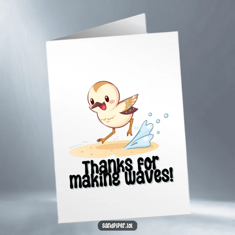 Free Printable Thank You Card: Sandpiper character excitedly chasing a small wave, full of energy.