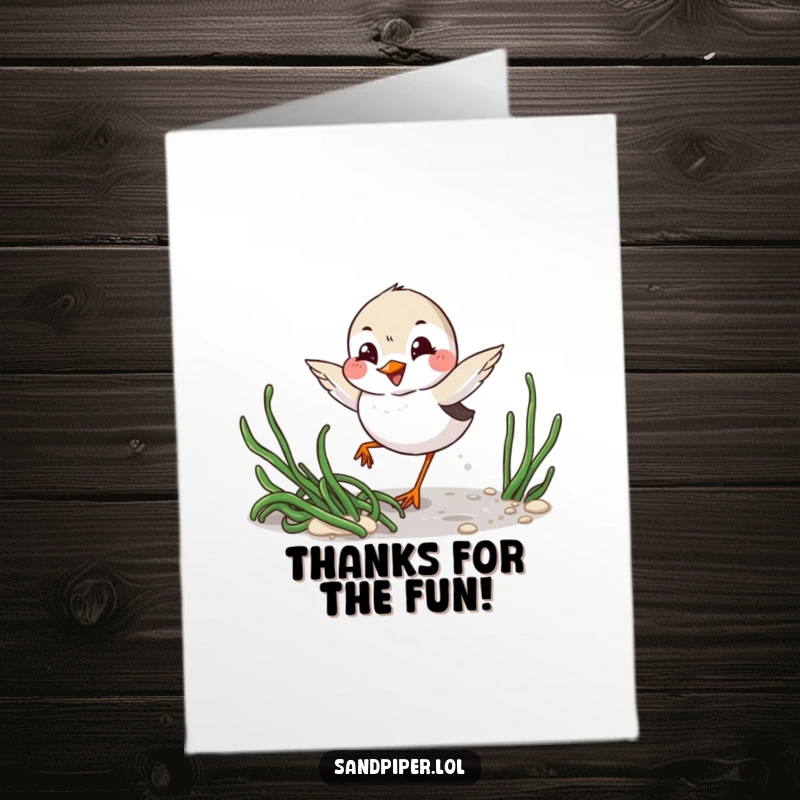 Funny free printable thank you card featuring a playful sandpiper winking while darting around seaweed, sending thanks with mischievous charm.