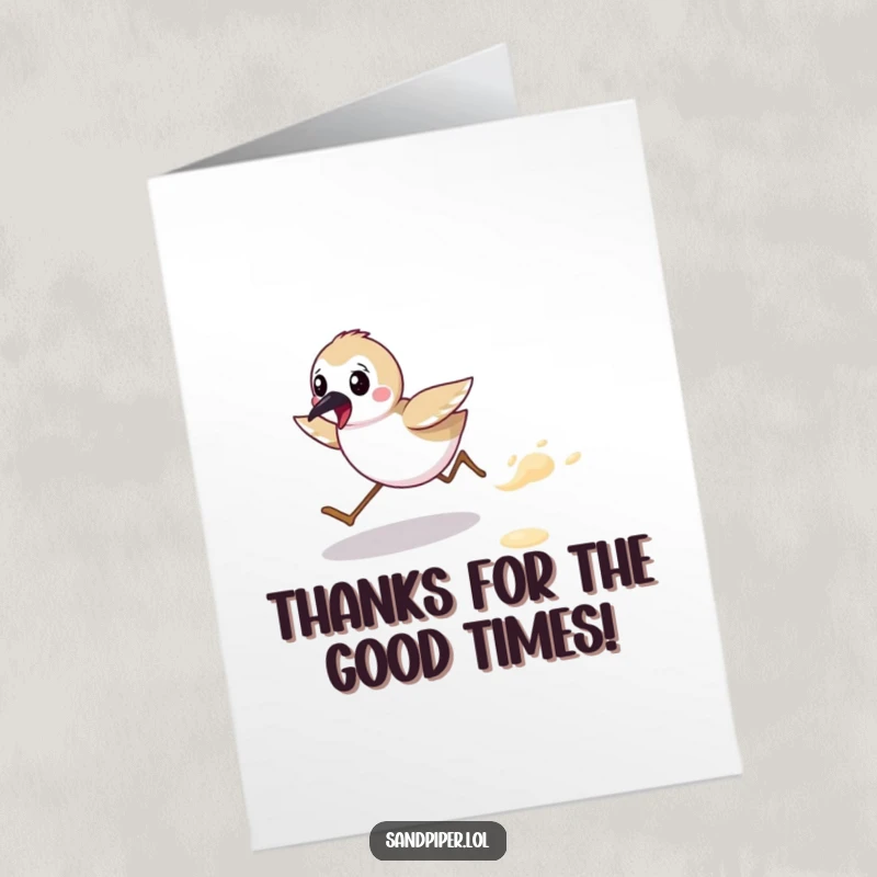 Funny Free Printable Thank You Card: Cute sandpiper character running along a sandy beach, expressing thanks with energetic motion.
