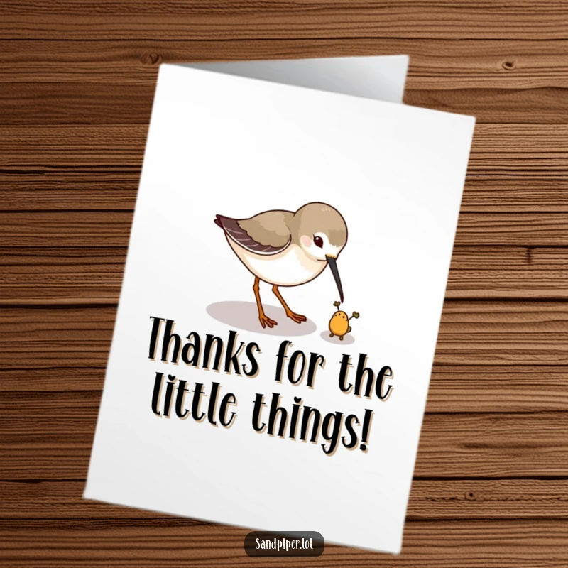Funny Free Printable Thank You Card: Cute sandpiper playfully pecking at thin air, hunting an imaginary bug, expressing thanks.