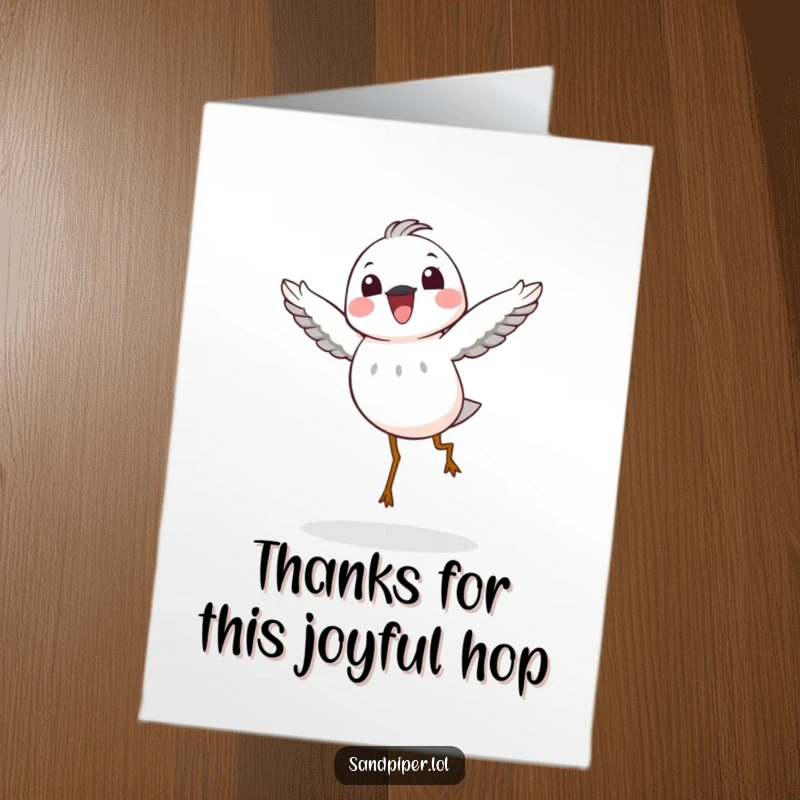 Funny Free Printable Thank You Card: A sandpiper does a joyful hop in the air, humorously conveying thanks.
