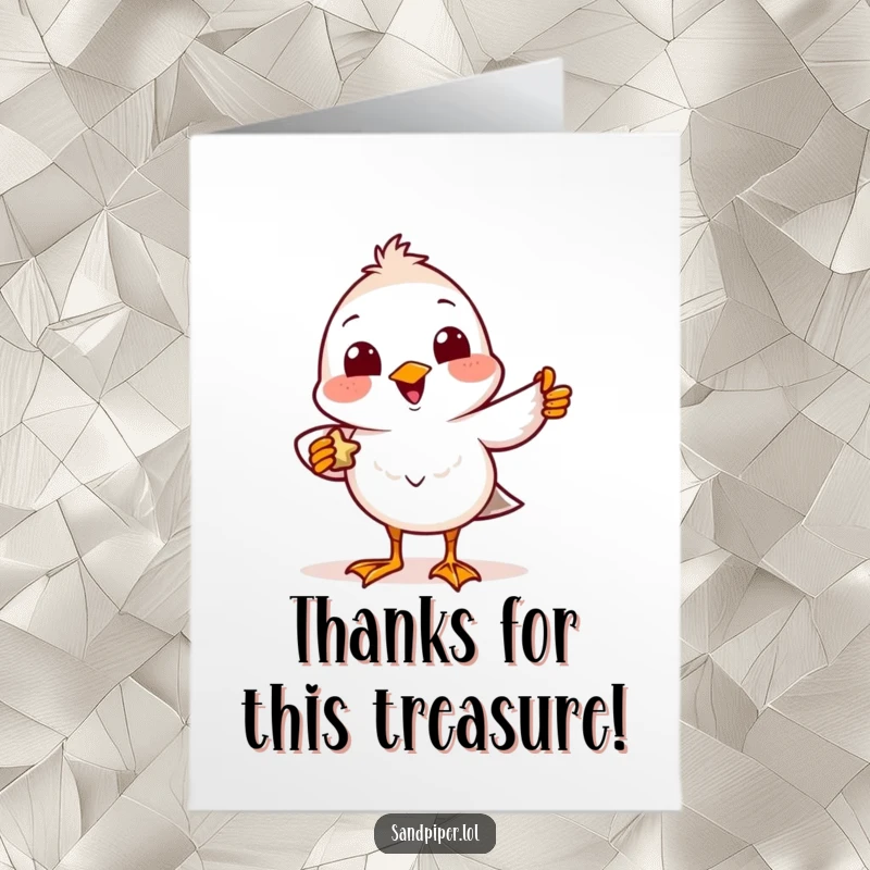 Funny Free Printable Sandpiper Thank You Card: A delighted sandpiper beams while presenting a miniature treasure as a token of thanks.