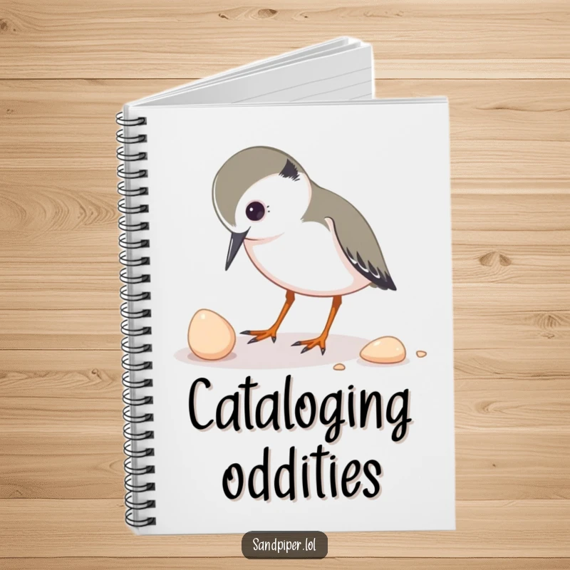 Funny notebook featuring a sandpiper character inquisitively pecking at a small shell, ideal for notes and nature observations.