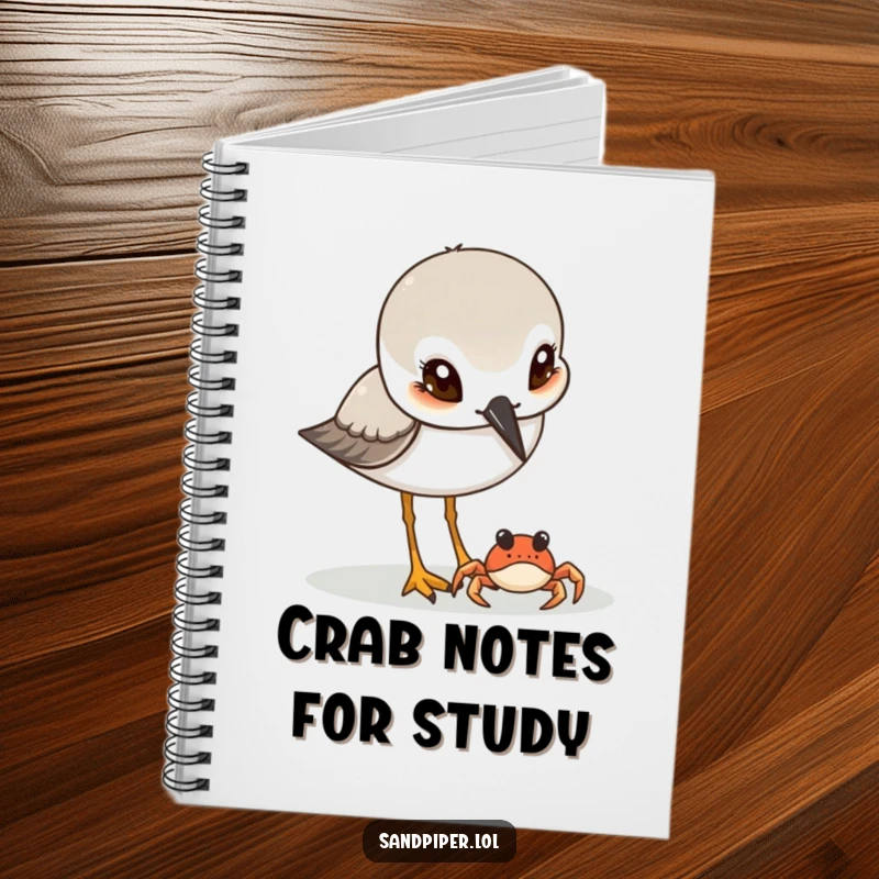 Funny Sandpiper & Crab Notebook: Cover features a sandpiper curiously observing a tiny crab, inspiring seaside notes.