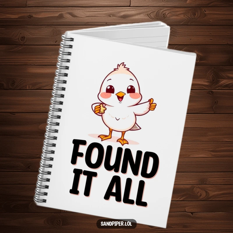 Funny Notebook cover with a delighted sandpiper character smiling and holding a tiny treasure.