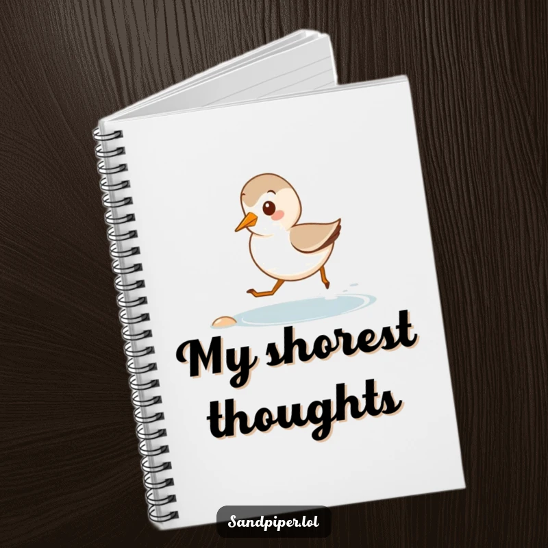 Funny notebook featuring a cute sandpiper happily running on a tiny shore, ideal for notes and beachside reflections.