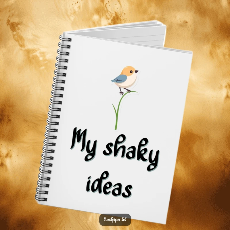 Funny notebook cover showing a bird character balancing on a single, thin blade of grass, inspiring creative thoughts.