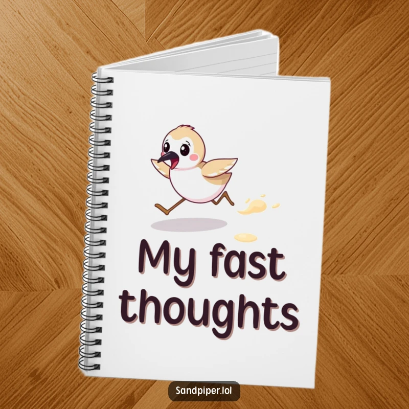 Funny notebook with a cute sandpiper character energetically running on a beach, perfect for jotting notes. A fun funny gift.
