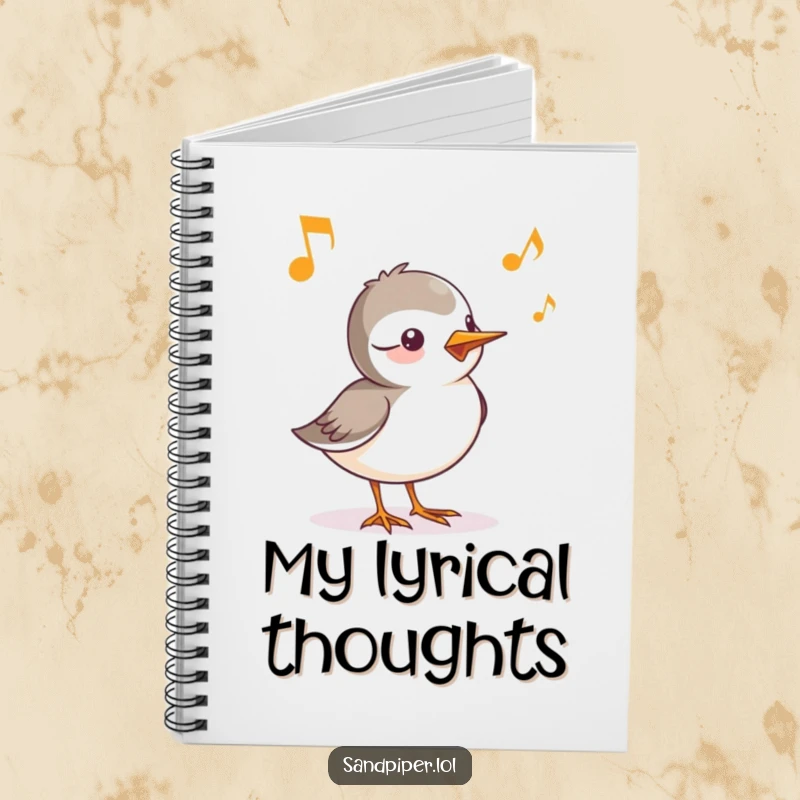 Funny notebook cover featuring a sandpiper character with its cheerful chirp visualized as musical notes, inspiring creativity.