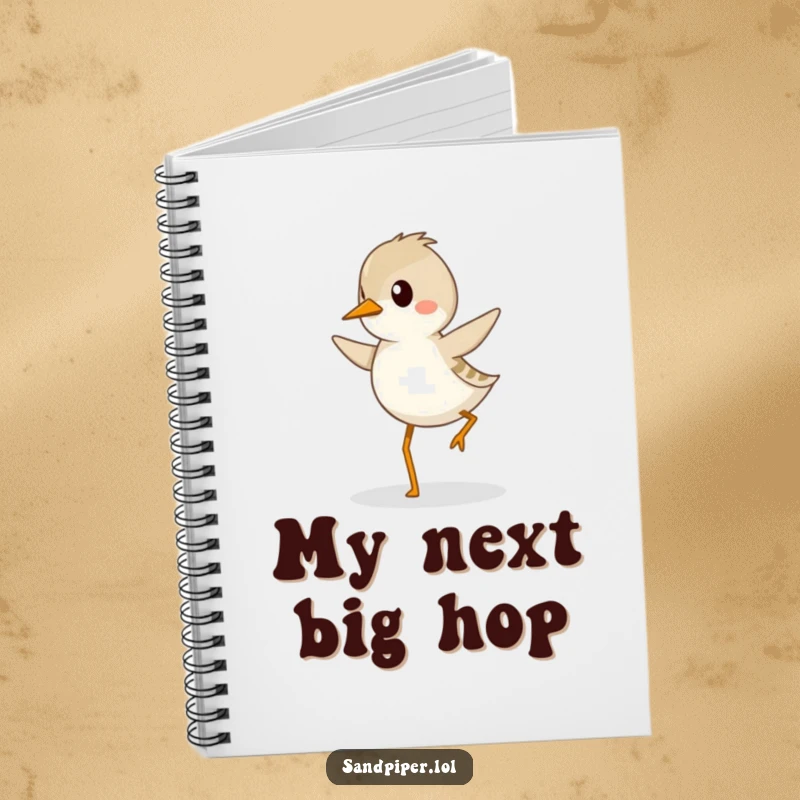 Funny sandpiper notebook design featuring a determined sandpiper bird hopping energetically with a joyful expression.