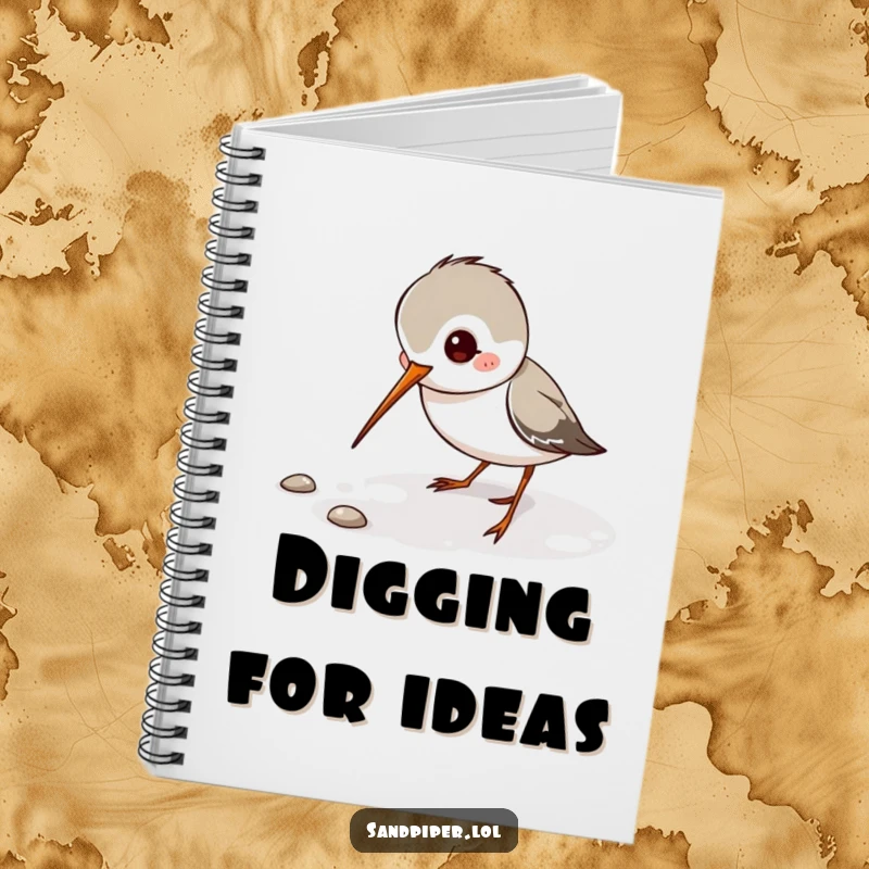 Funny Sandpiper Notebook featuring a playful sandpiper character digging its thin beak, ideal for jotting down discoveries.