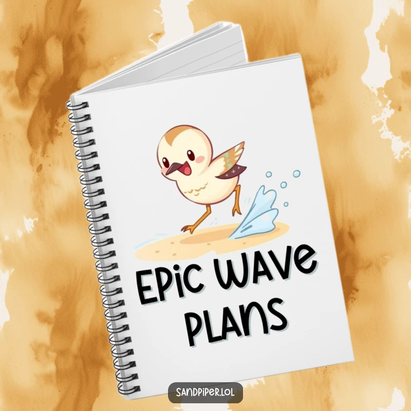 Funny Sandpiper Notebook featuring an excited sandpiper character chasing a small wave, ideal for beach trip journaling.