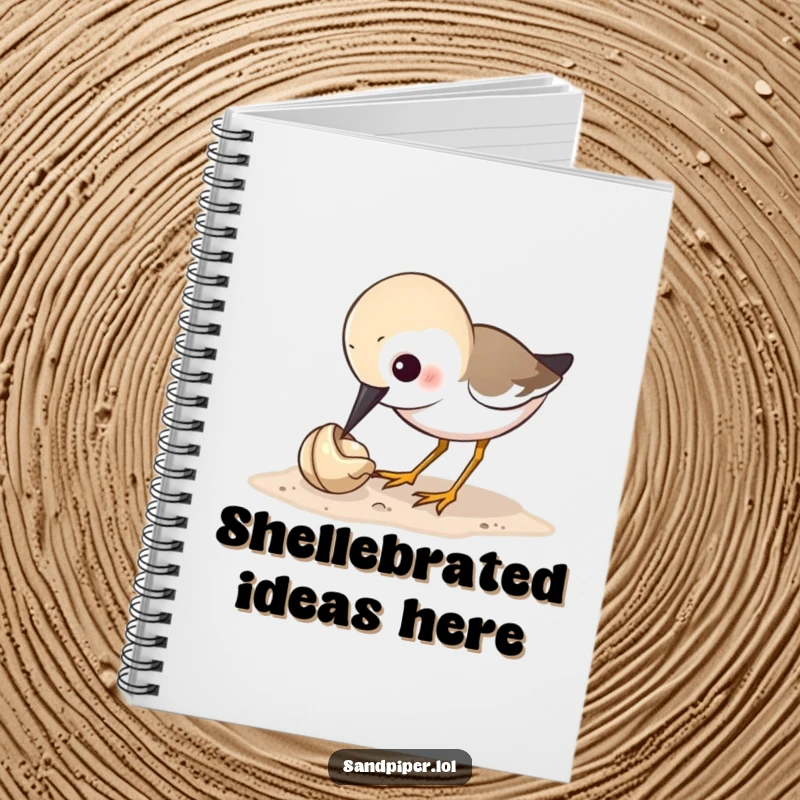 Funny sandpiper notebook showing a bird humorously pecking at a tiny shell, perfect for jotting notes with a smile.