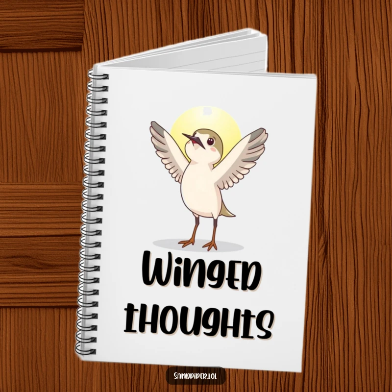 Funny sandpiper bird notebook, stretching wings upwards greeting the sun, stationery, useful funny gift.