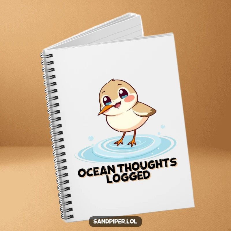 Funny sandpiper notebook, joyful bird dipping beak into a wave, humorous journal for creative minds.