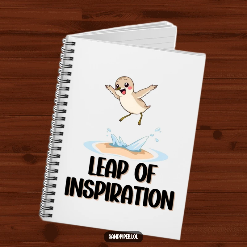 Funny sandpiper notebook, joyful bird leaping over wave, humorous journal, creative writing, perfect gift for note-takers.