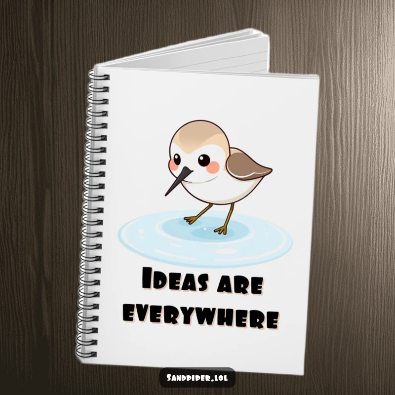 Funny Sandpiper Notebook featuring a joyful sandpiper character probing in shallow water, great for journaling beach trips.