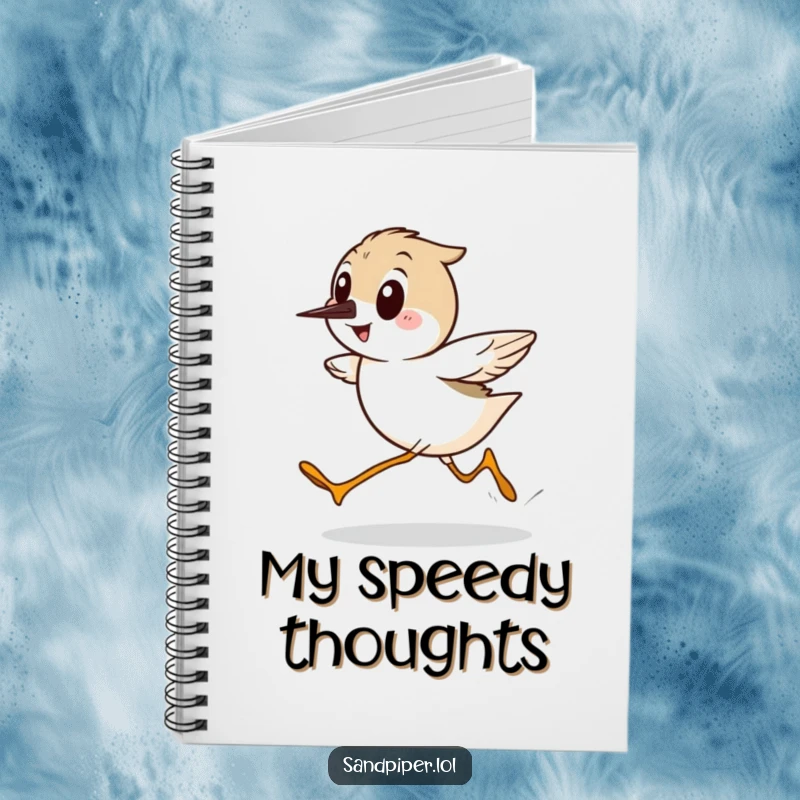 Funny Sandpiper Notebook, featuring a cartoon bird running sideways with surprising speed and a wide smile, great for jotting notes.
