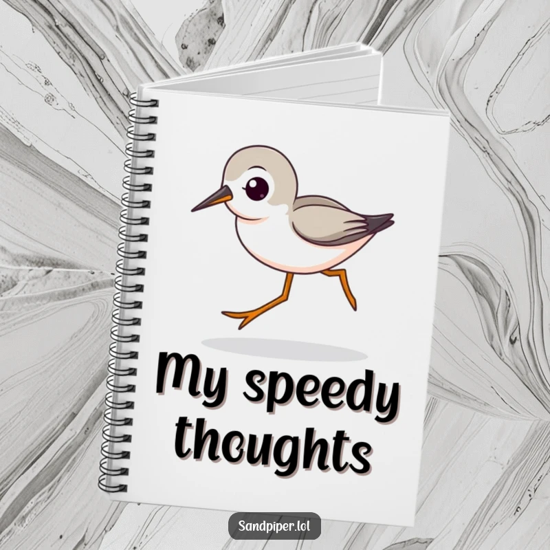 Funny notebook featuring a cute sandpiper character with long legs striding quickly, perfect for jotting down notes on the go.