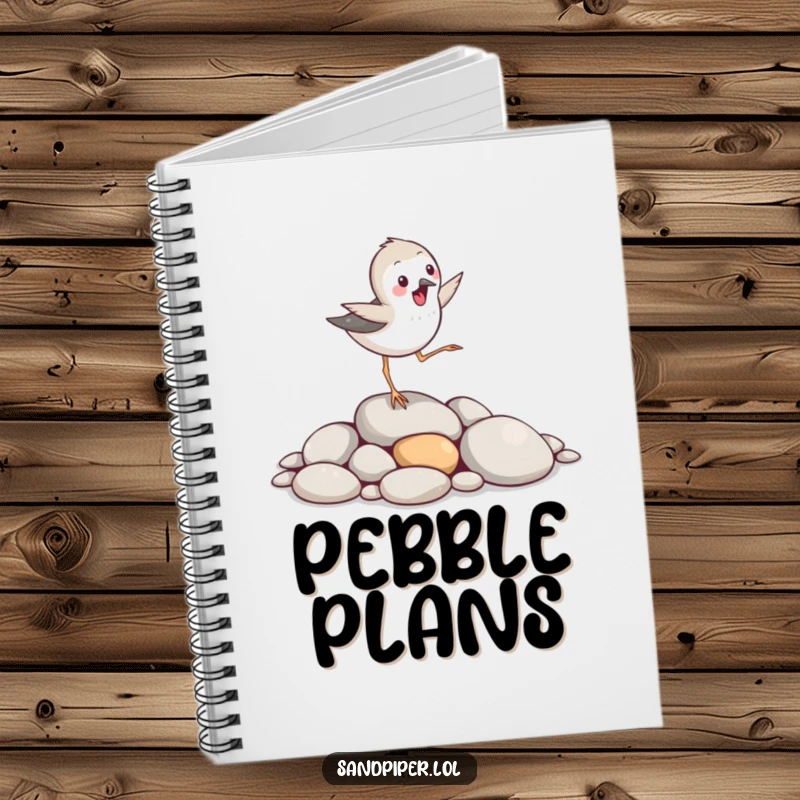 Funny sandpiper bird notebook, hopping excitedly over smooth pebbles, stationery, useful funny gift.