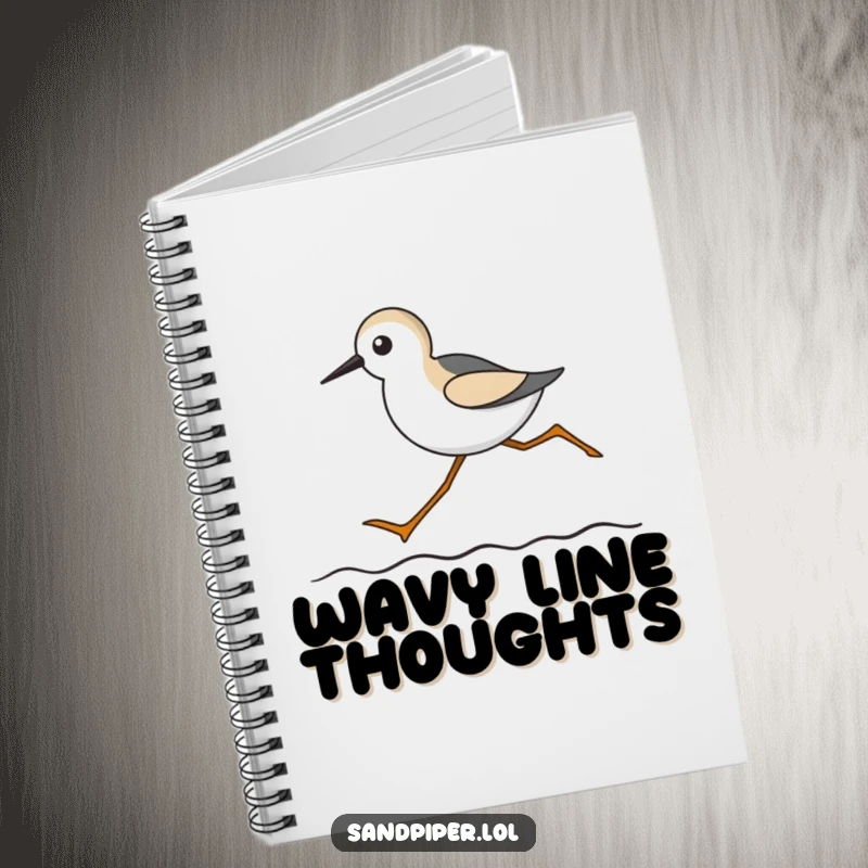 Funny notebook with a sandpiper featuring long legs running on a wavy line, ideal for jotting notes.