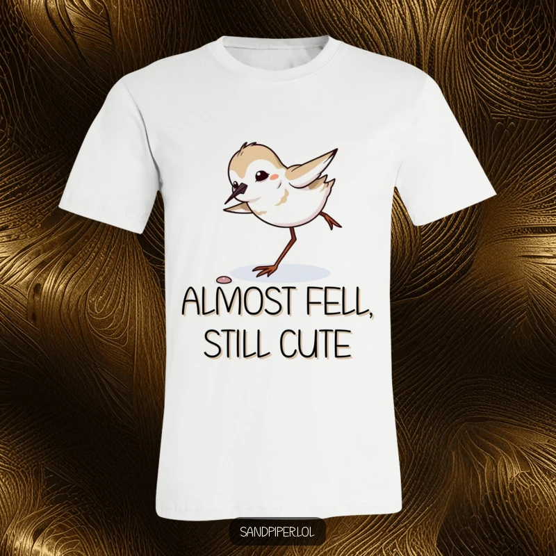 Funny sandpiper comically tripping and quickly balancing itself, graphic t-shirt, beach bird humor.