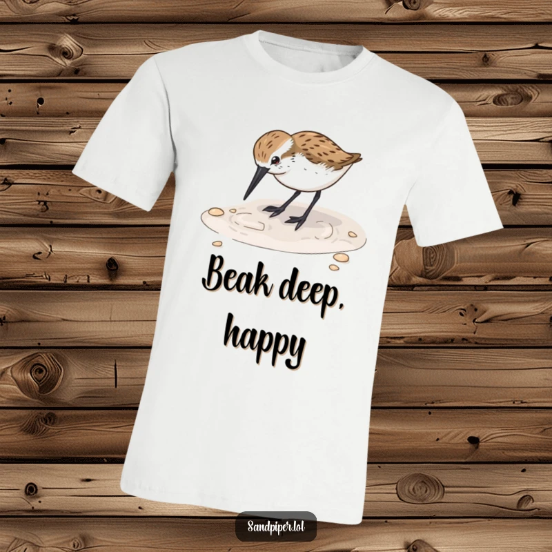 Funny Sandpiper Digging T-Shirt: A cute sandpiper bird enthusiastically digs its beak into the wet sand, celebrating beach life.