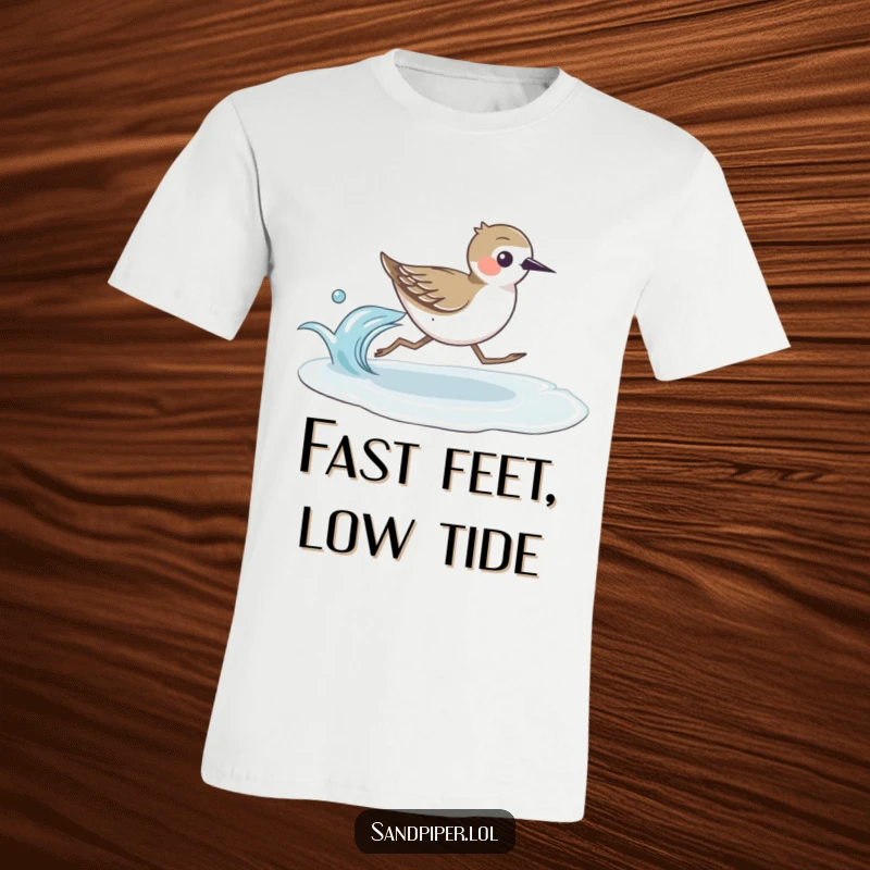 T-shirt featuring a funny sandpiper bird sprinting with impressive speed next to a calm ocean wave, perfect for bird watchers.