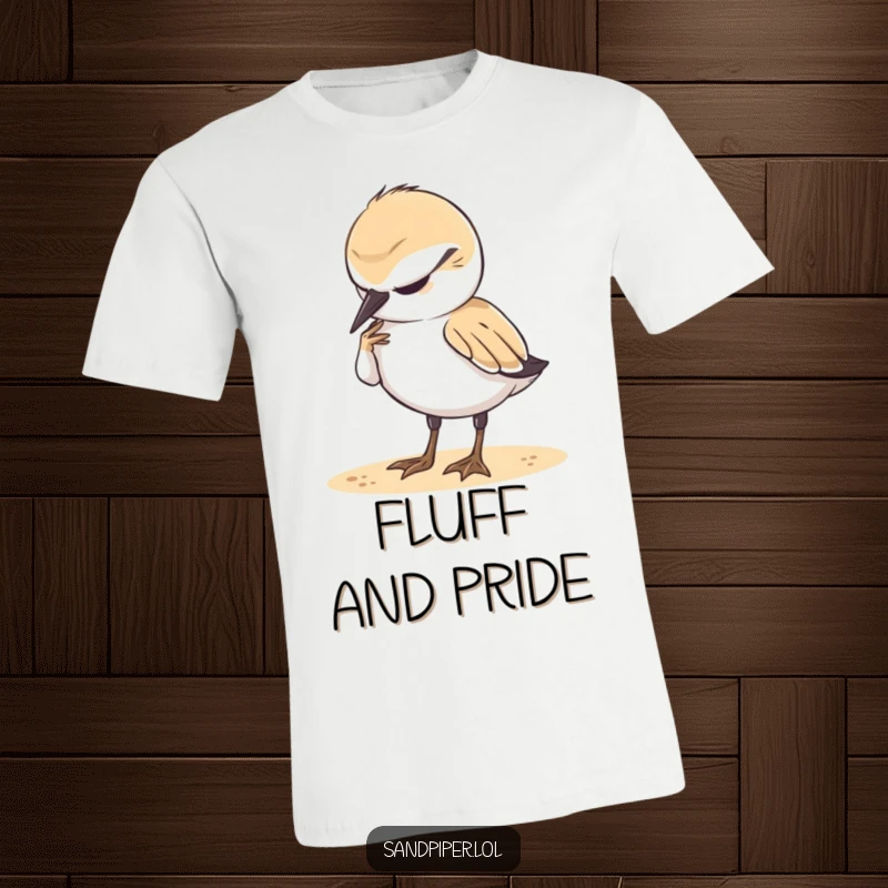 Funny T-Shirt: A cute sandpiper bird sits contently, carefully adjusting its plumage with a happy, relaxed expression.