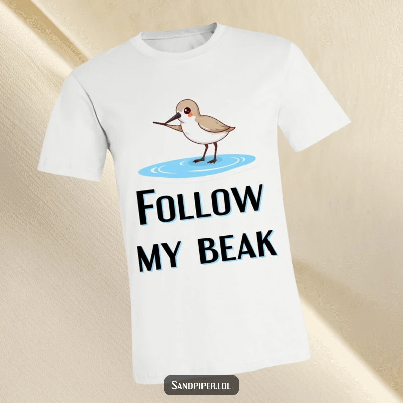Funny Sandpiper T-Shirt: A sandpiper points its beak towards the ocean, indicating direction with humor.