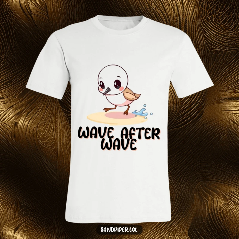 Funny t-shirt featuring a sandpiper bird with a determined look, chasing a small wave with focus and tenacity.