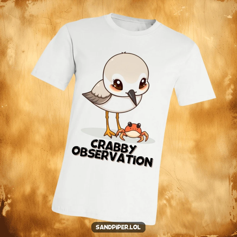 Funny Sandpiper & Crab T-Shirt: A curious sandpiper bird peers with interest at a small crab on the sandy shore.
