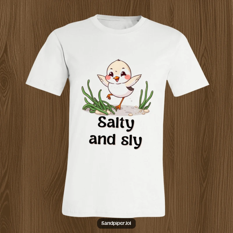Funny T-Shirt: Playful sandpiper with mischievous grin winks while darting around seaweed, showcasing beach vibes.