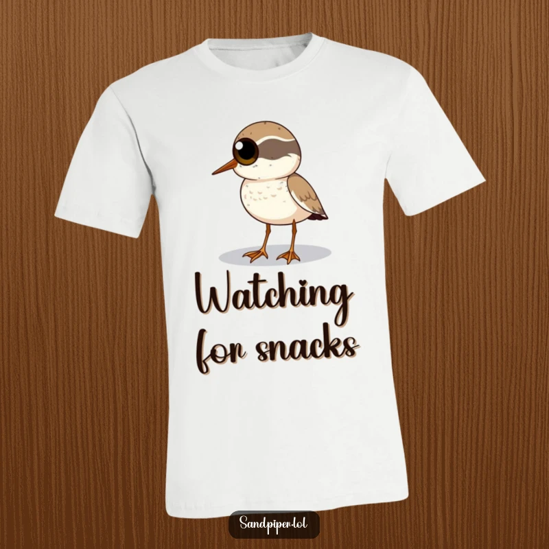 Funny Sandpiper T-Shirt: A sandpiper with big, round, curious eyes scans the distant horizon with humor.