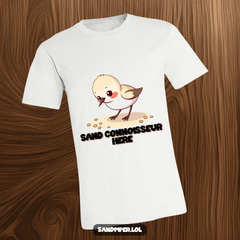 Funny T-Shirt: A small sandpiper eagerly pecks at tiny grains of sand, a cute seaside scene.