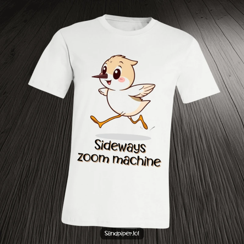 Funny Sandpiper T-Shirt, featuring a cartoon bird running sideways with surprising speed and a cheerful grin, great for casual wear.