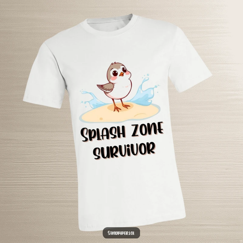 Funny Sandpiper T-Shirt: A sandpiper reacts with surprise to a wave splashing, capturing beachside humor.