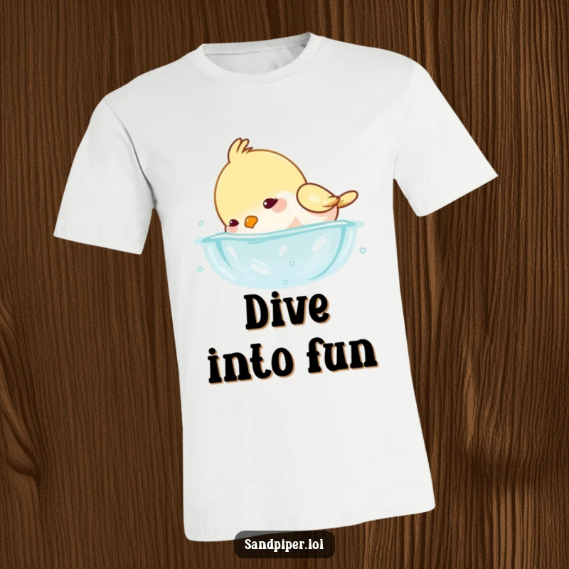 Funny t-shirt featuring a jovial bird playfully dipping its head into water, causing delightful, small splashes.