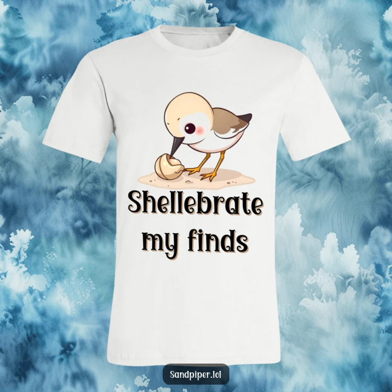 Funny sandpiper t-shirt featuring a bird intently pecking at a small shell, showcasing its humorous curiosity and love for nature.