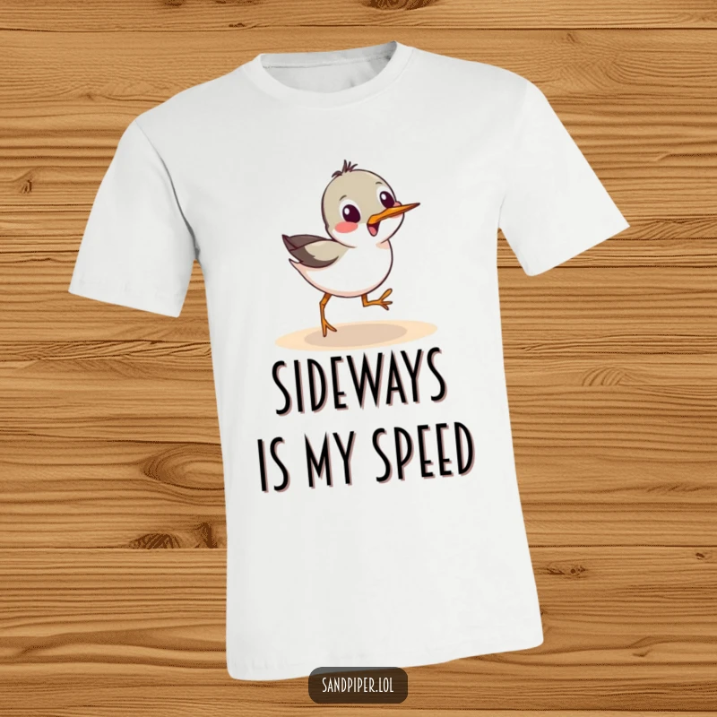 Funny T-Shirt: A sandpiper bird performs a comical sideways scurry, capturing a moment of playful haste.