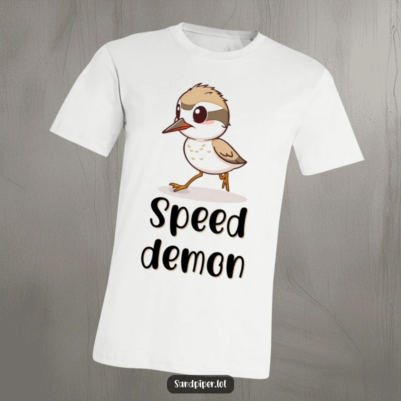 Funny T-Shirt: A sandpiper character depicted in a state of high alert, ready to sprint, conveying readiness and humorous energy.