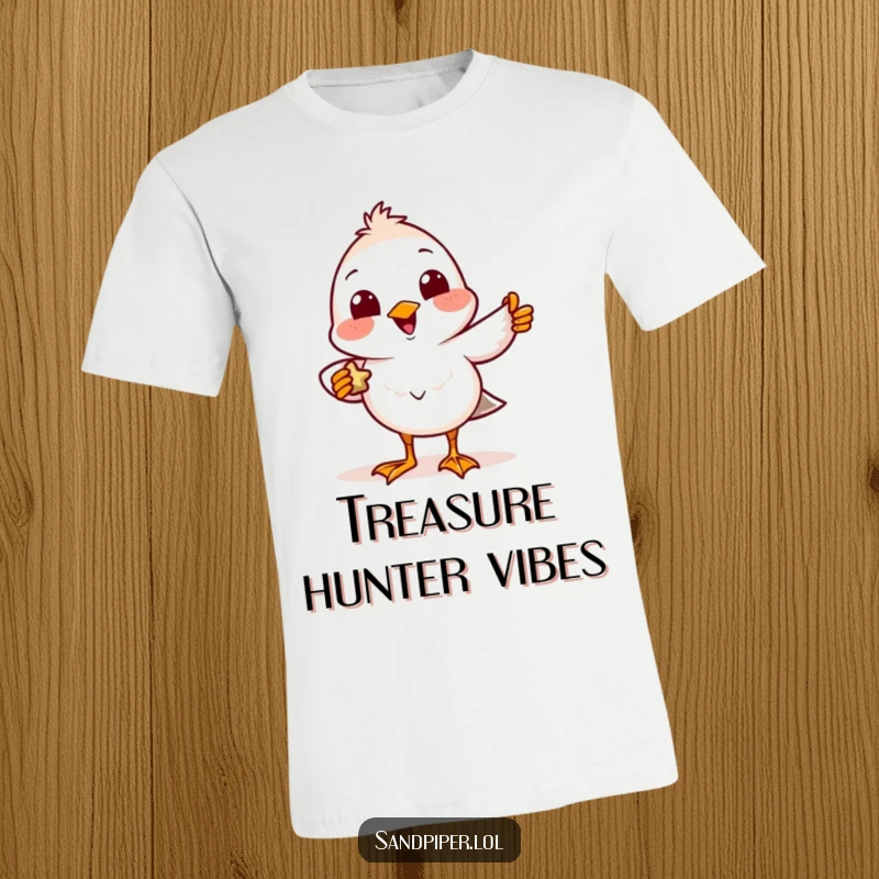 Funny T-Shirt showcasing a happy sandpiper character with a smile, holding up a small treasure.