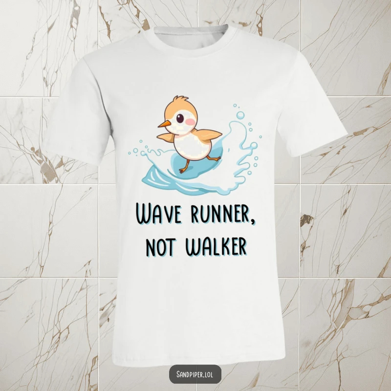Funny Sandpiper T-Shirt depicting a cute bird character playfully chasing an ocean wave, perfect for beach enthusiasts.