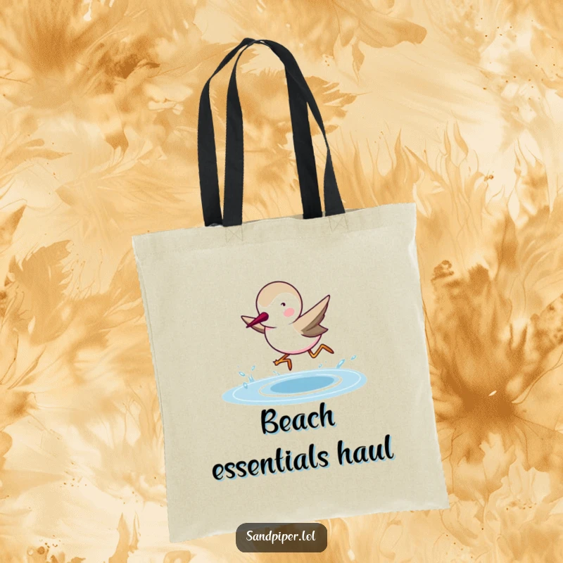 Funny Sandpiper Tote Bag: A determined sandpiper is captured mid-run towards the sea, a cheerful and funny beach companion.