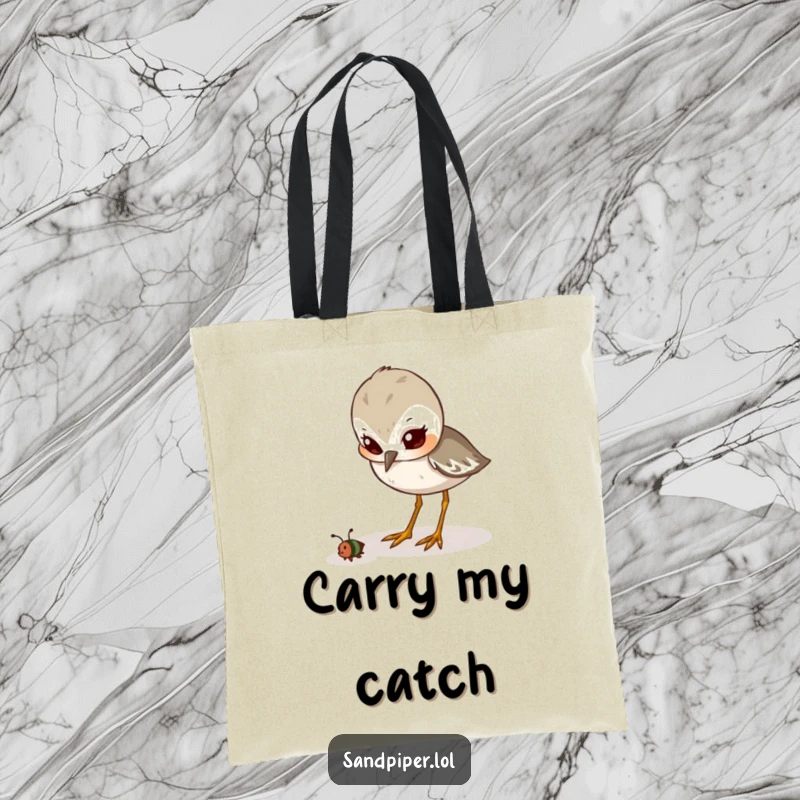 Funny Tote Bag: A cute sandpiper bird is depicted with a determined look, intently pecking at a small insect.